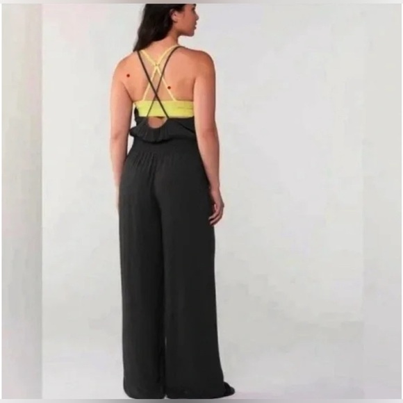Prana Fernie Wide Leg Jumpsuit Black Crinkle Tencel Criss Cross Back XS S - Picture 3 of 5